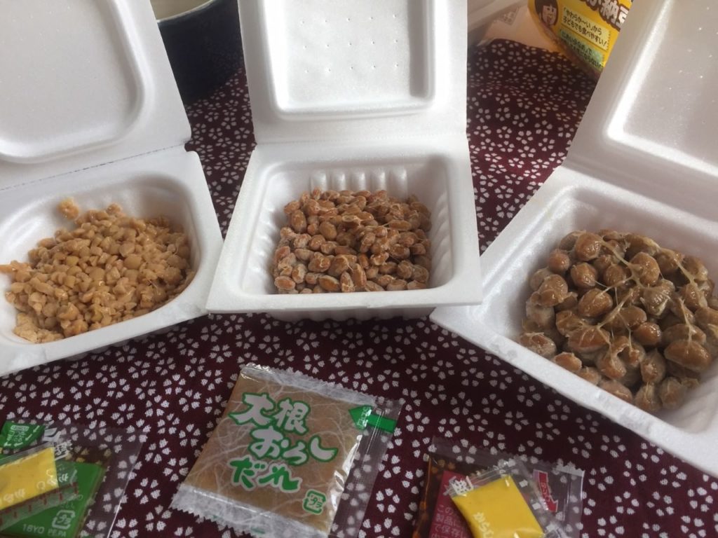 Three Natto packets that show the different types of Natto