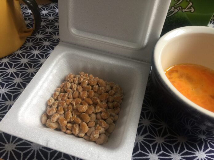 Natto with a raw egg. A traditional Japanese breakfast.